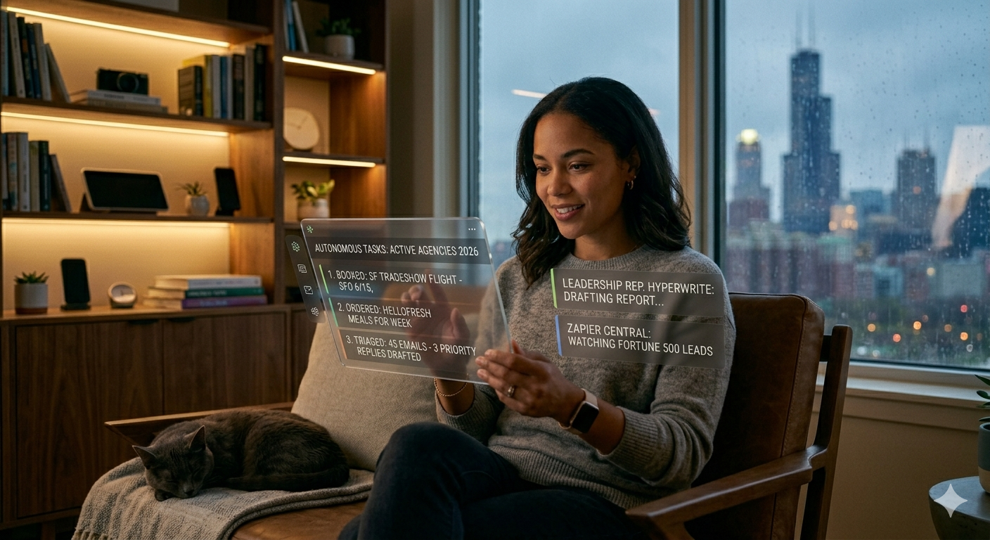 Woman using agentic AI assistant on laptop 2026